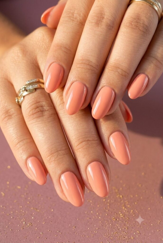 Short almond nails with soft beach coral glossy summer polish