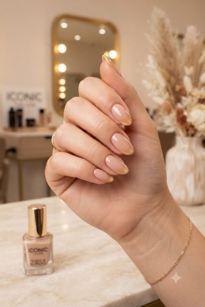 Short almond nails with nude base and soft blonde balayage ombre