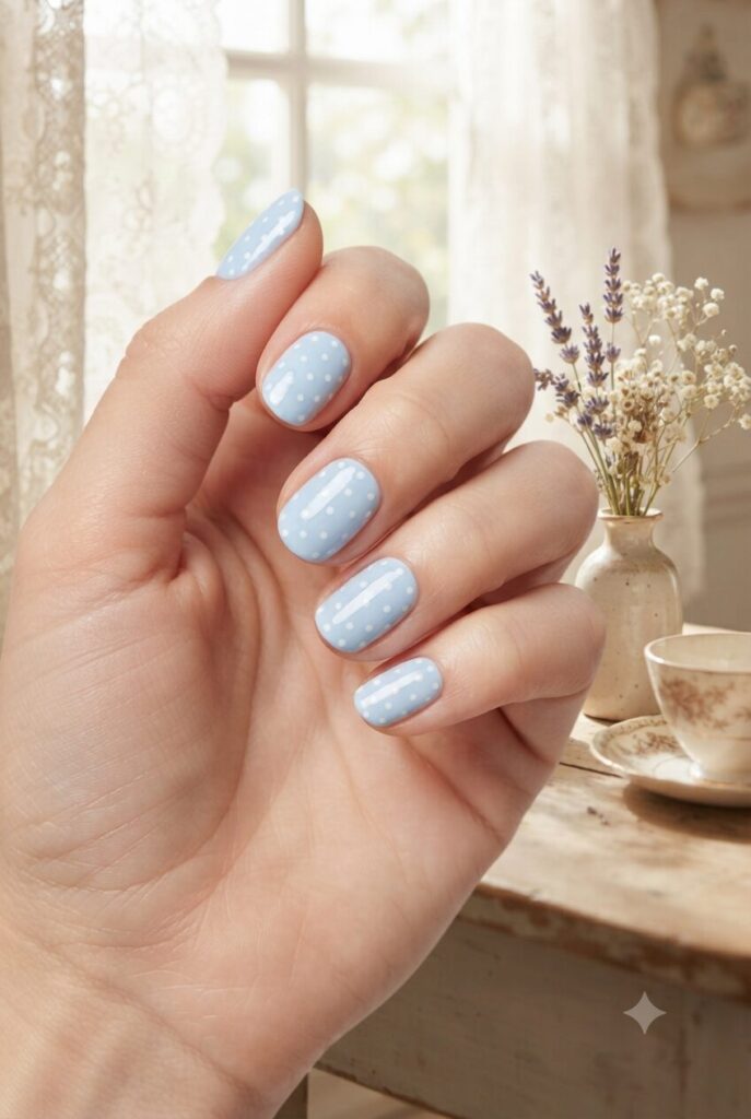 Short oval nails with soft baby blue base and tiny white polka dots