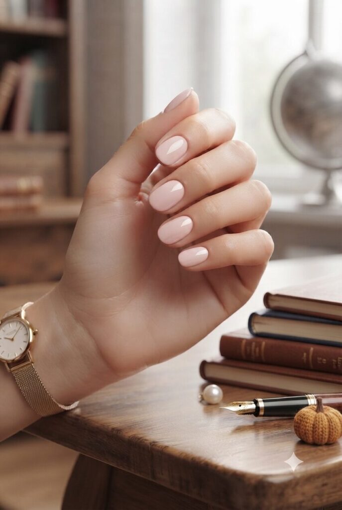Short oval nails with soft blush pink glazed glossy polish