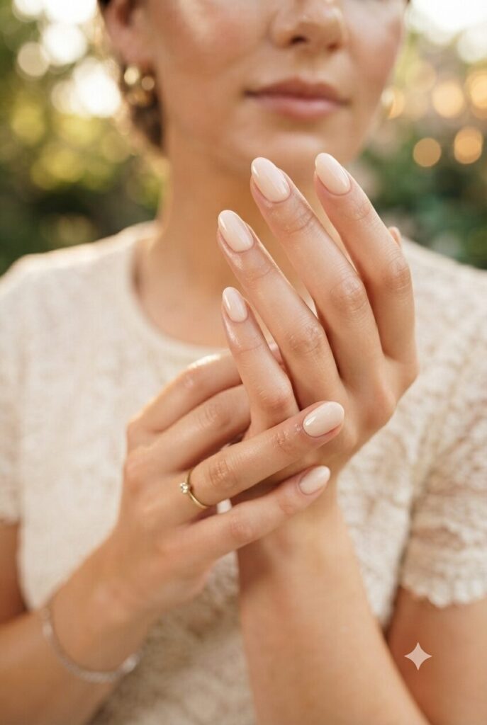 Short oval nails with soft buttercream nude glossy polish