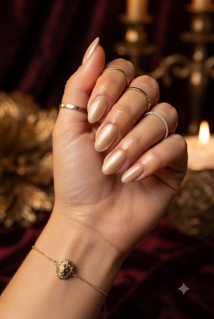 Short oval nails with soft champagne gold glossy polish