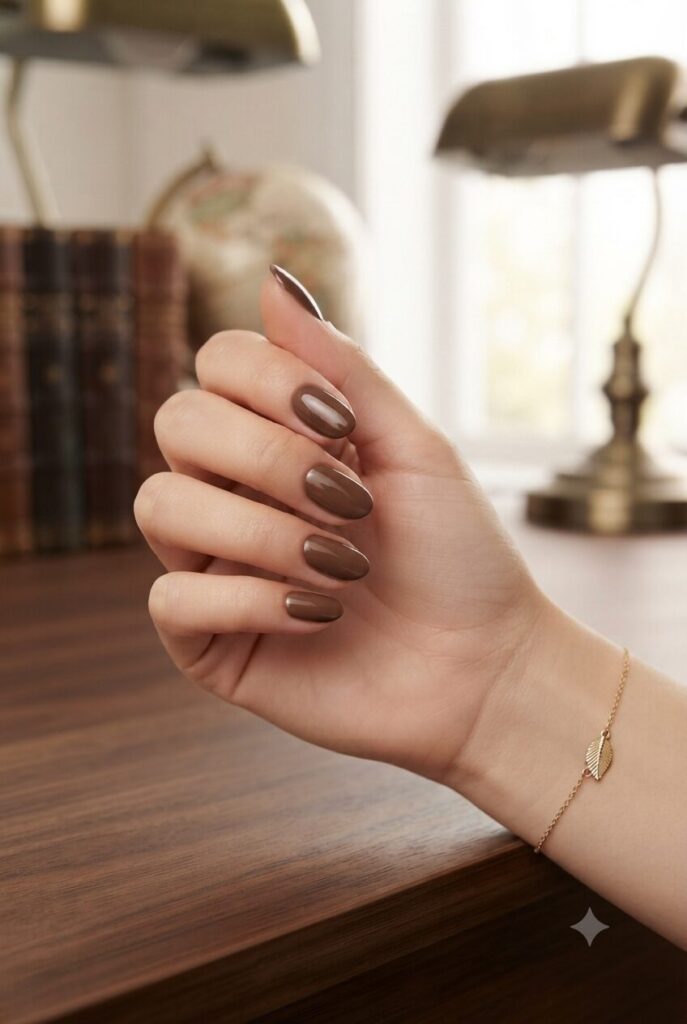 Short oval nails with soft cocoa brown glossy warm polish