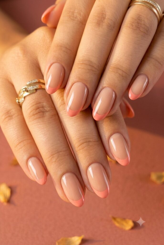 Short almond nails with nude base and soft coral French tips