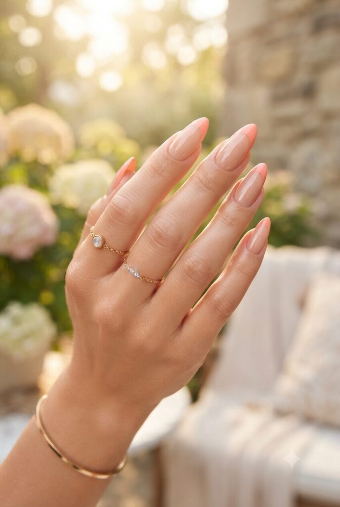 Long stiletto nails with soft coral French tips