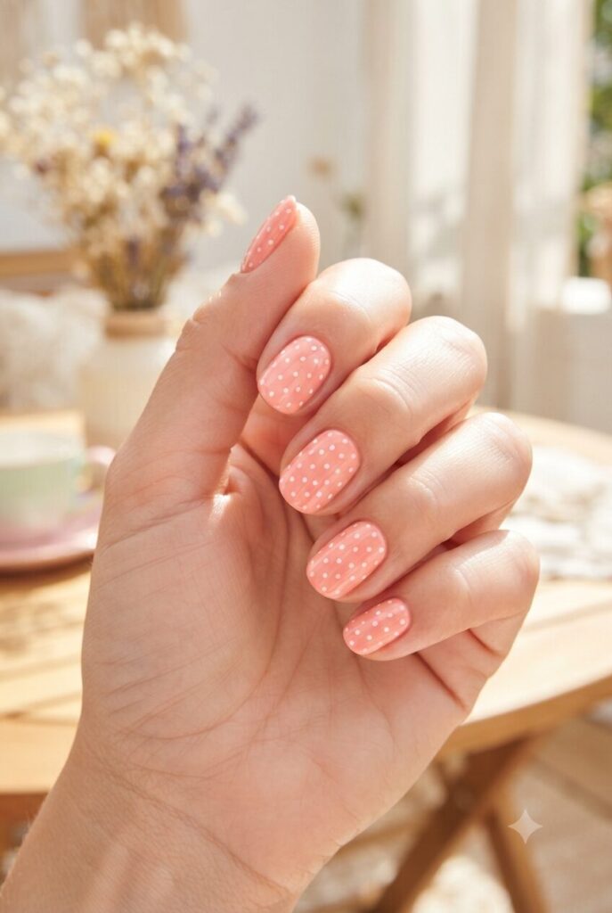 Short oval nails with soft coral base and tiny white polka dots