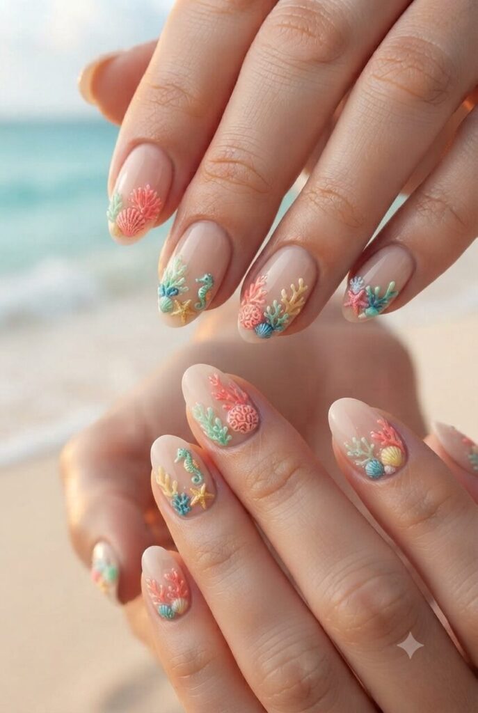 Short oval nails with nude base and tiny coral reef accents
