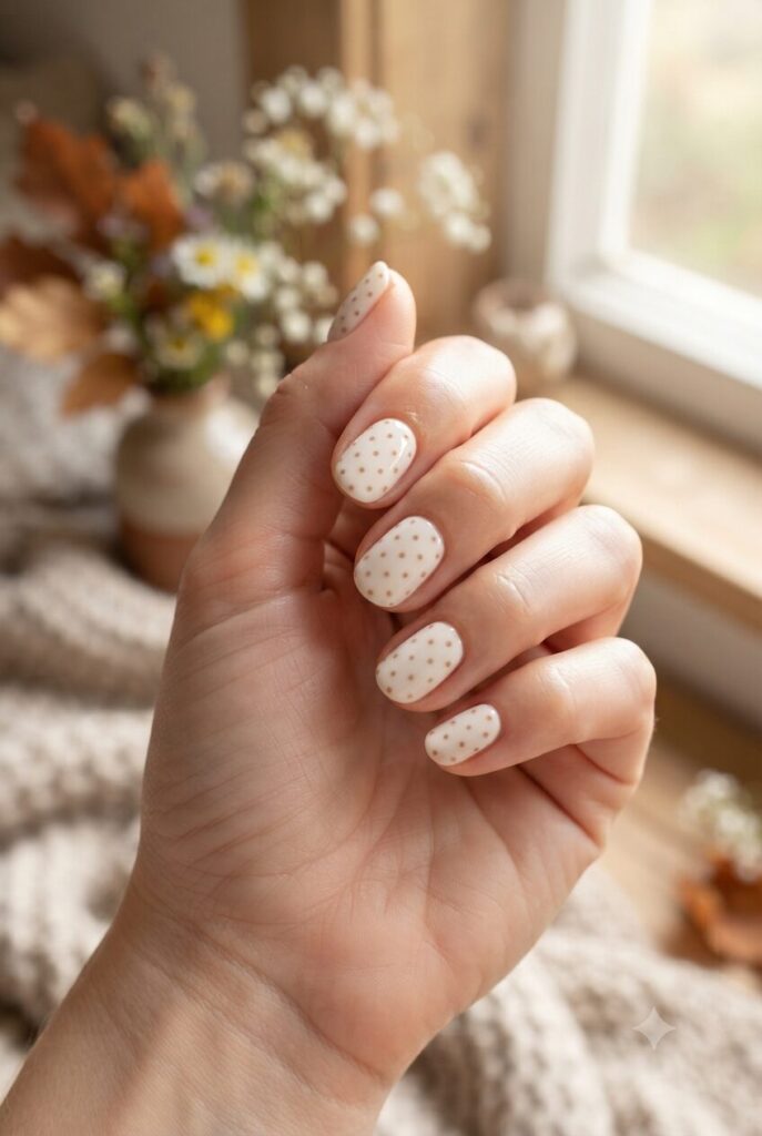 Short oval nails with soft cream base and tiny brown polka dots