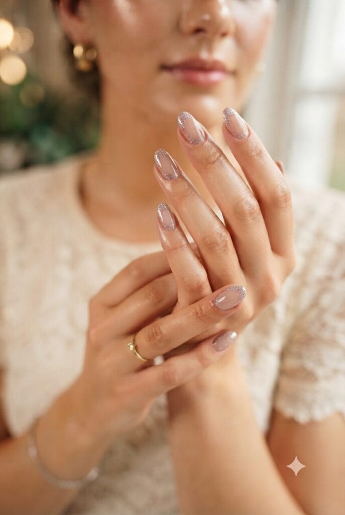 Short almond nails with nude base and soft silver or pink glitter tips