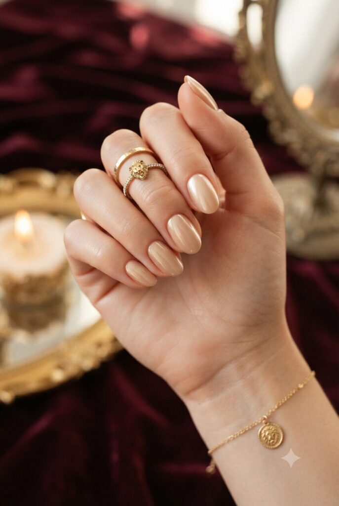 Short oval nails with soft gold glazed glossy polish
