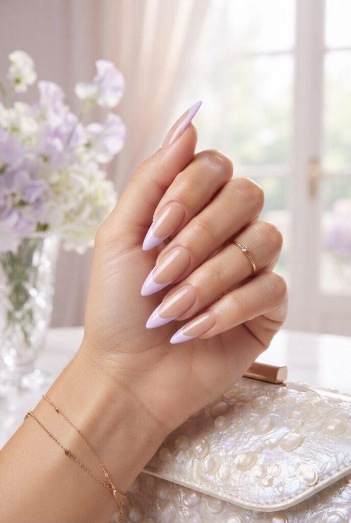 Long stiletto nails with soft lavender French tips