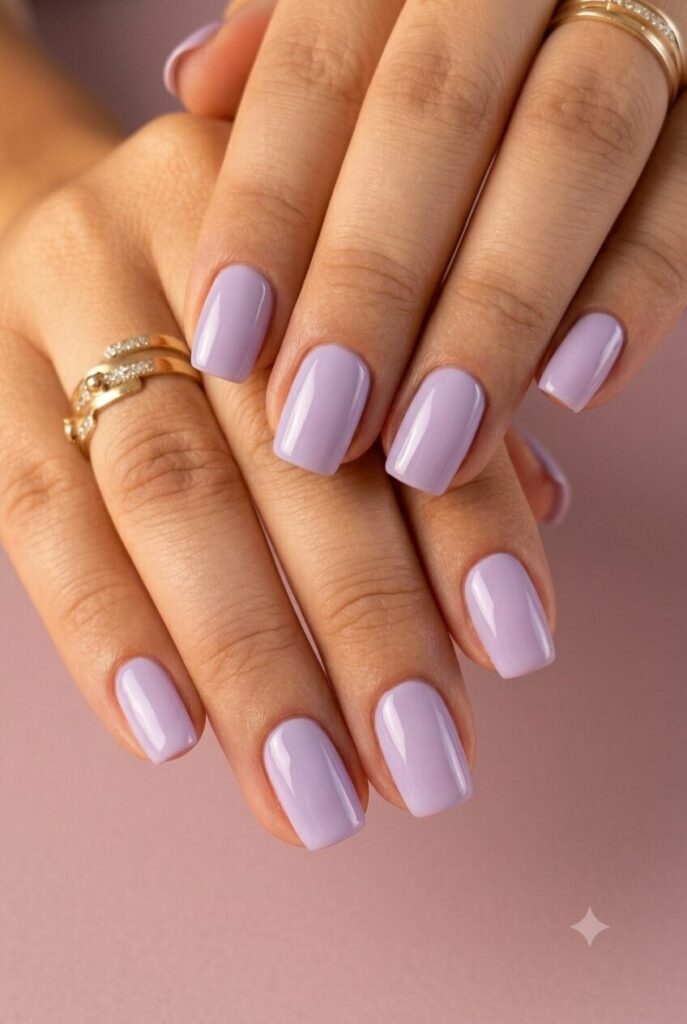 Short oval nails with soft lavender glossy late-summer polish