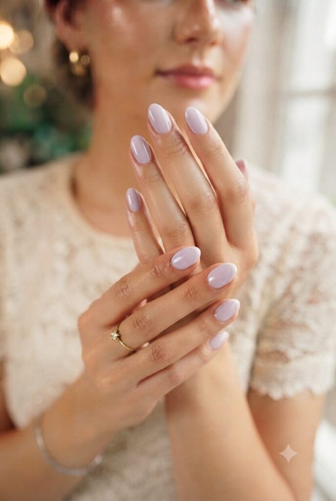 Short oval nails with soft lavender glossy dreamy polish