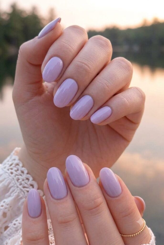 Short oval nails with soft lavender glossy lake-inspired polish