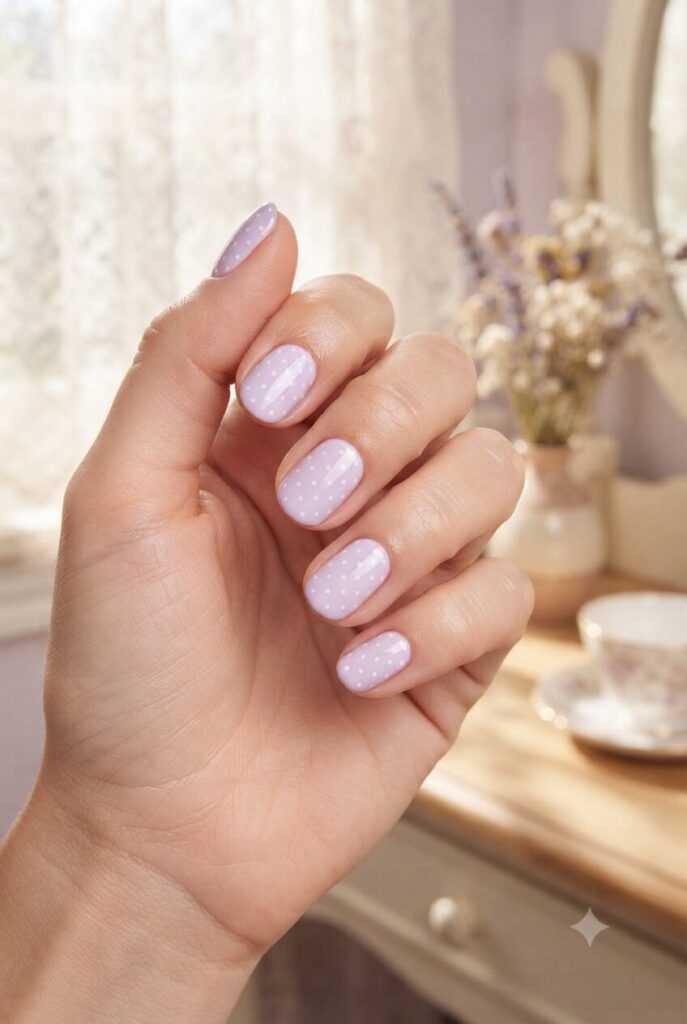 Short oval nails with soft lavender base and tiny white polka dots