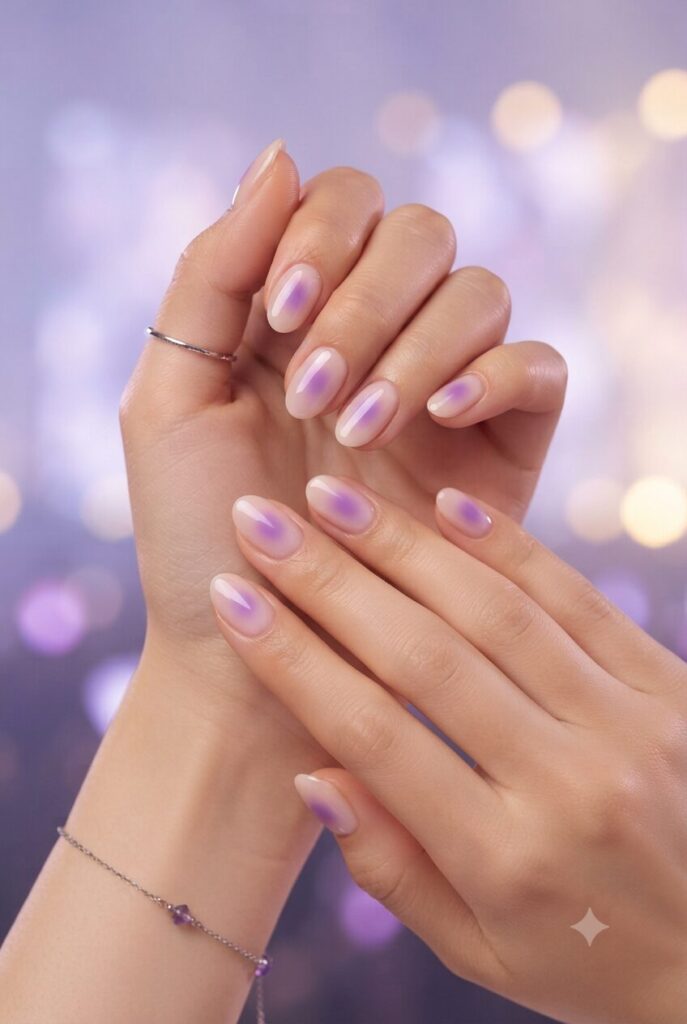 Short almond nails with nude base and lilac aura glow