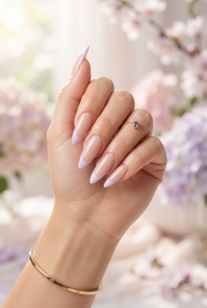 Long stiletto nails with soft lilac French tips