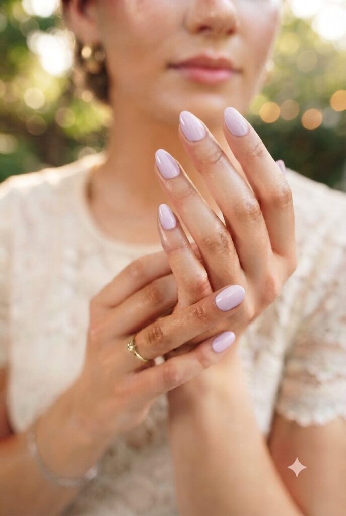 Short oval nails with soft lilac glossy dreamy polish