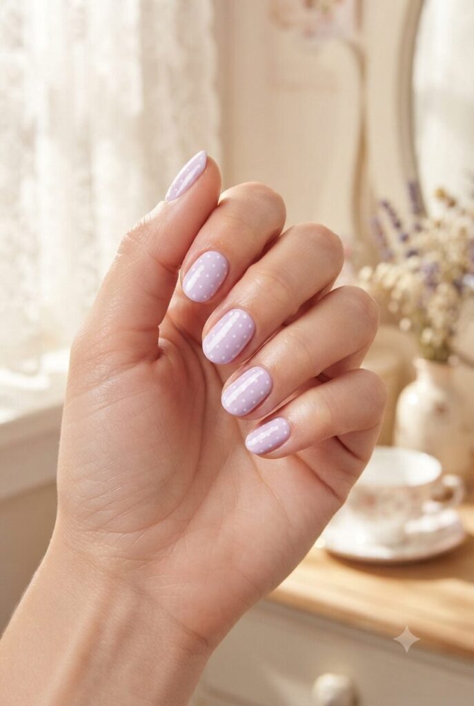 Short oval nails with soft lilac base and tiny white polka dots