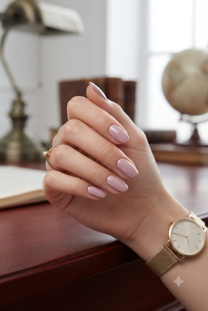 Short oval nails with soft mauve glossy classy polish