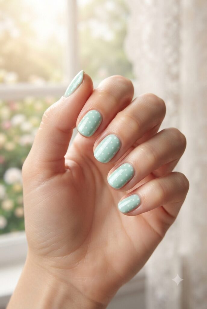 Short oval nails with soft mint green base and tiny white polka dots