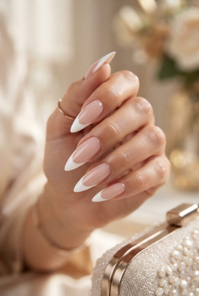 Long stiletto nails with soft nude pink base and white French tips