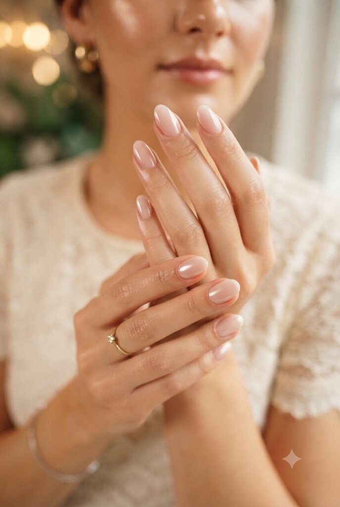 Short oval nails with glossy soft nude pink glazed finish
