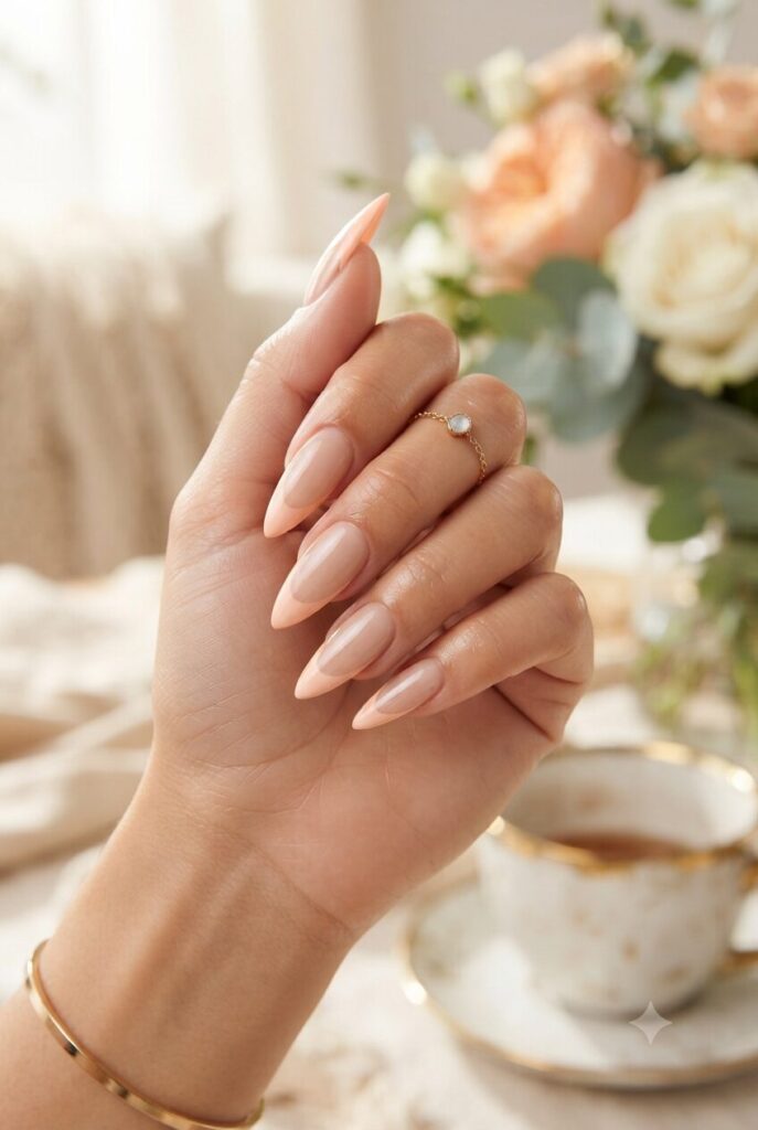 Long stiletto nails with soft peach French tips