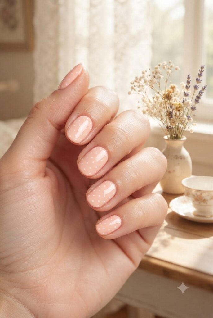 Short oval nails with soft peach base and tiny white polka dots