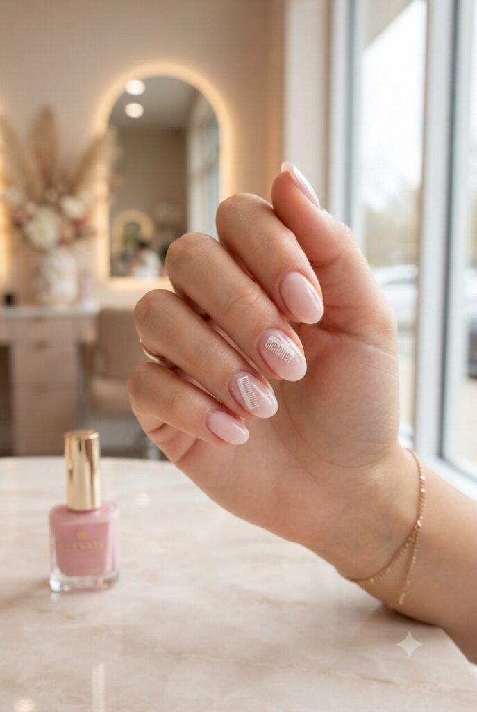 Short oval nails with soft pink base and tiny white comb accents
