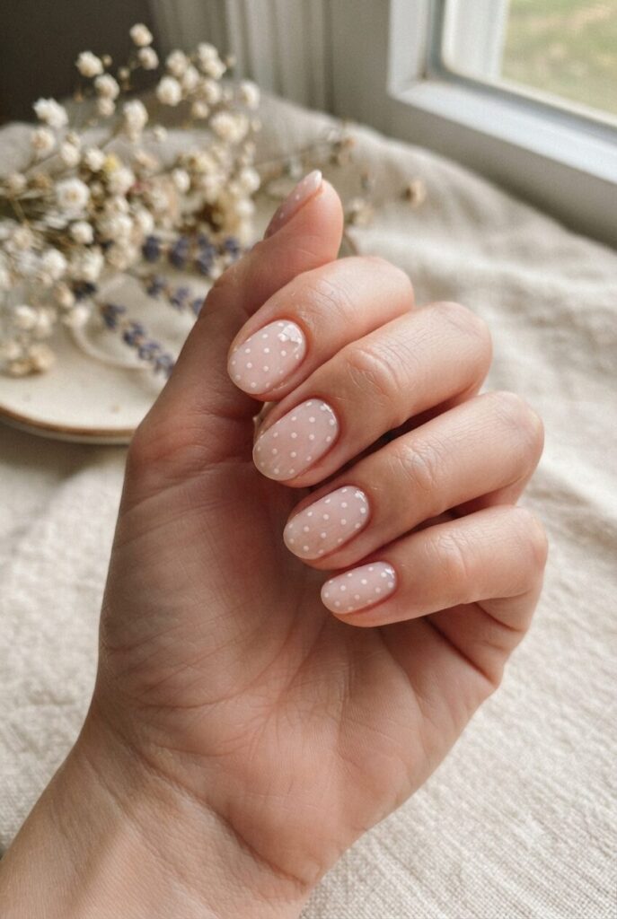 Short oval nails with soft pink base and tiny white polka dots