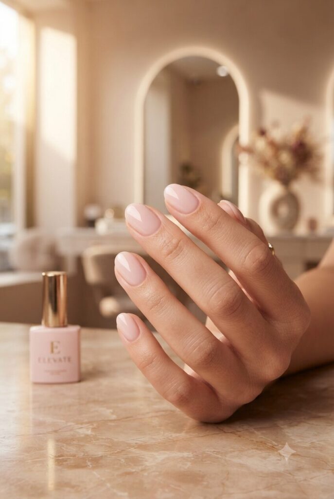 Short oval nails with soft glossy pink salon-appropriate polish