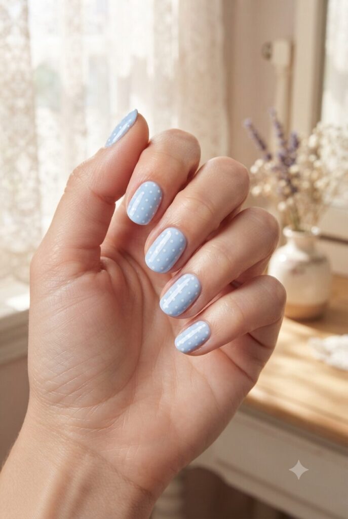 Short oval nails with soft powder blue base and tiny white polka dots