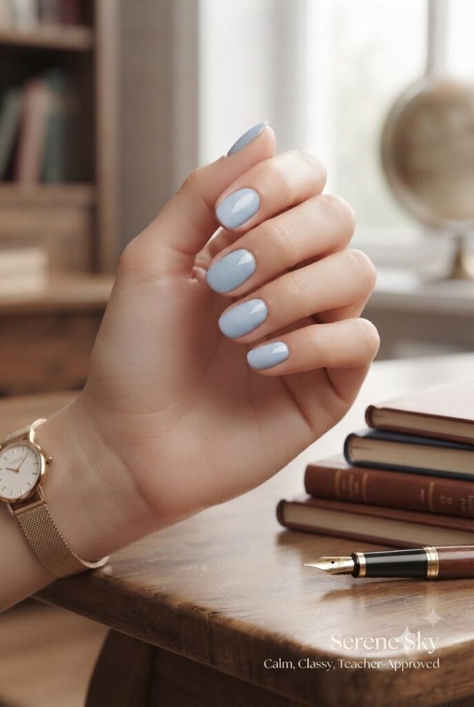 Short oval nails with soft powder blue glossy classroom polish