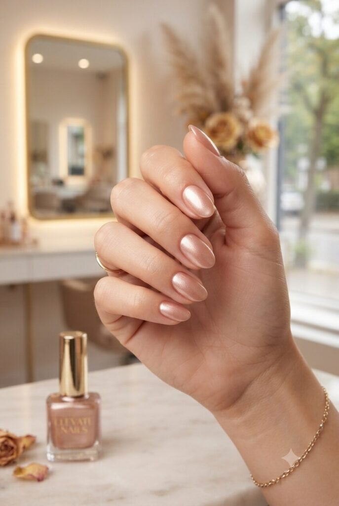Short almond nails with soft glossy rose gold shimmer polish