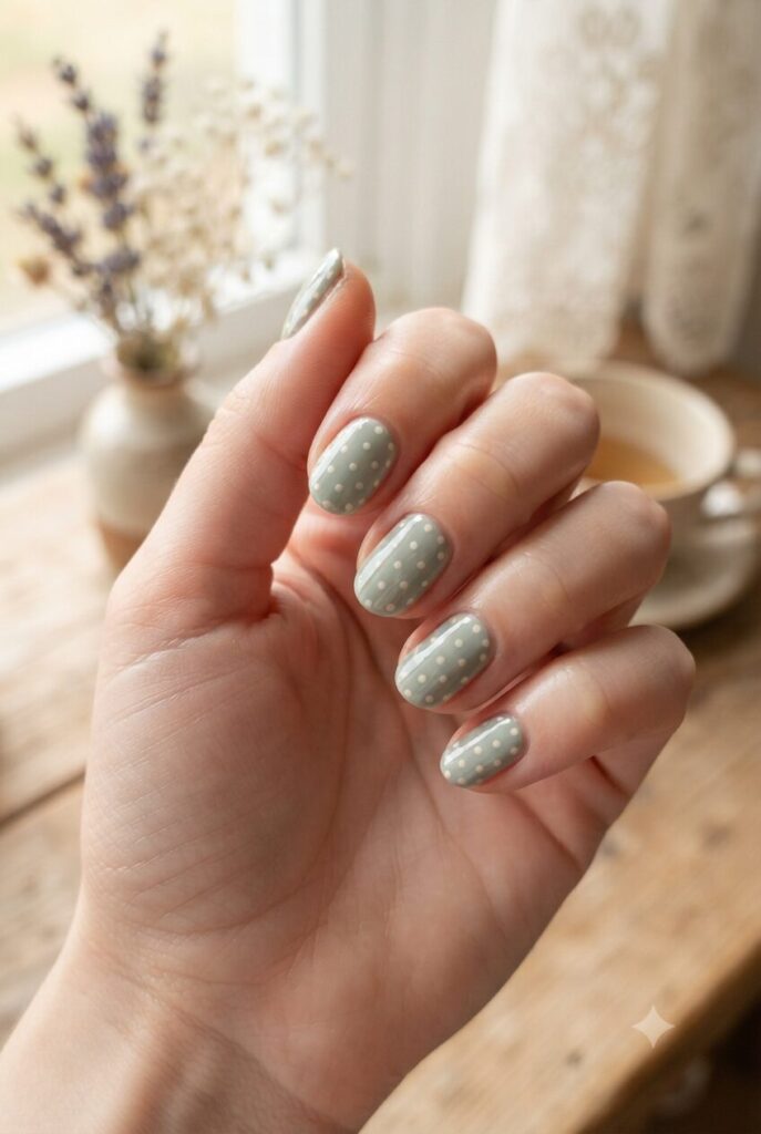Short oval nails with soft sage green base and tiny cream polka dots