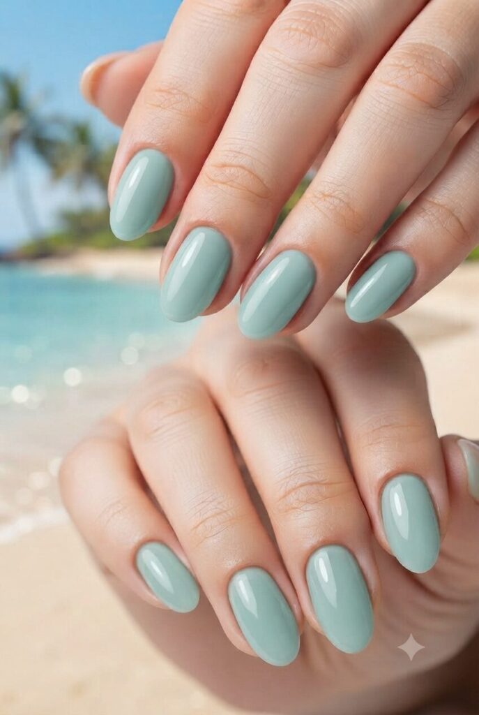 Short oval nails with soft glossy seafoam green polish