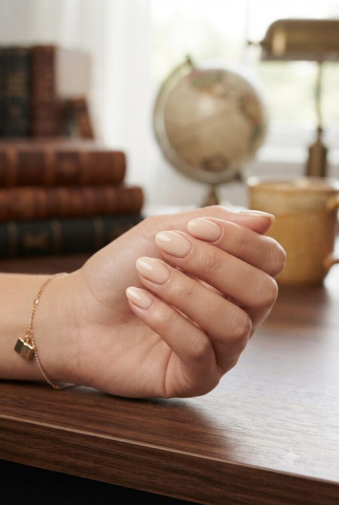 Short oval nails with soft vanilla cream glossy warm polish