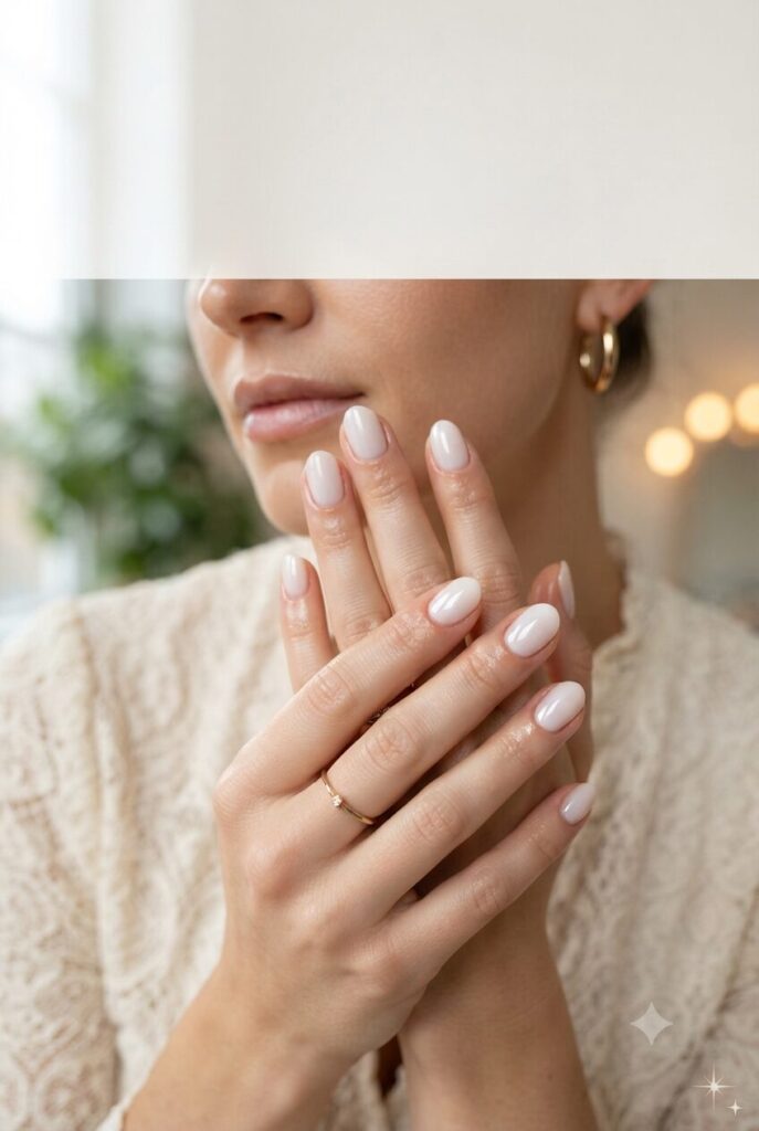 Short almond nails with soft white glossy glazed polish