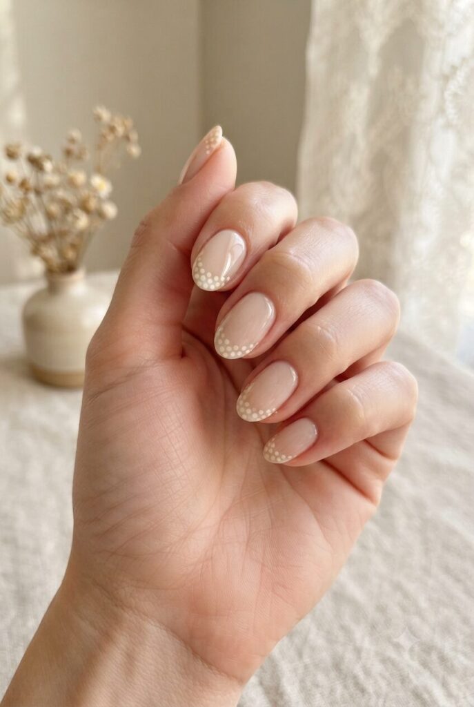 Short almond nails with nude base and soft white polka dot French tips