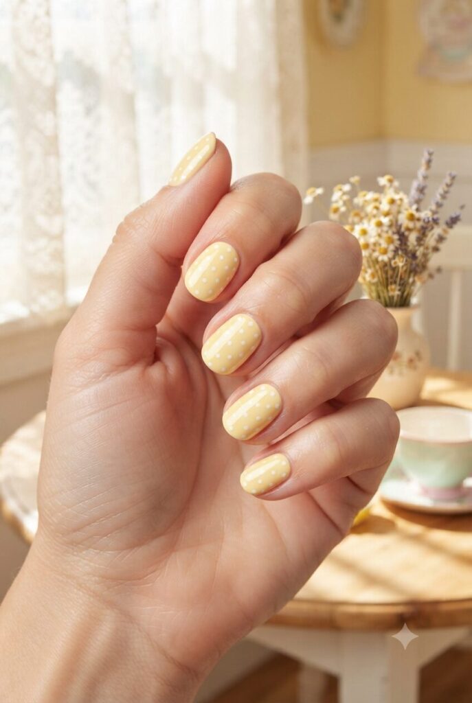 Short oval nails with soft pale yellow base and tiny white polka dots