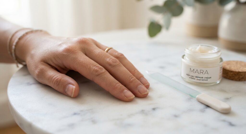 Dry natural nails showing summer damage before learning how to transition nails from summer to fall