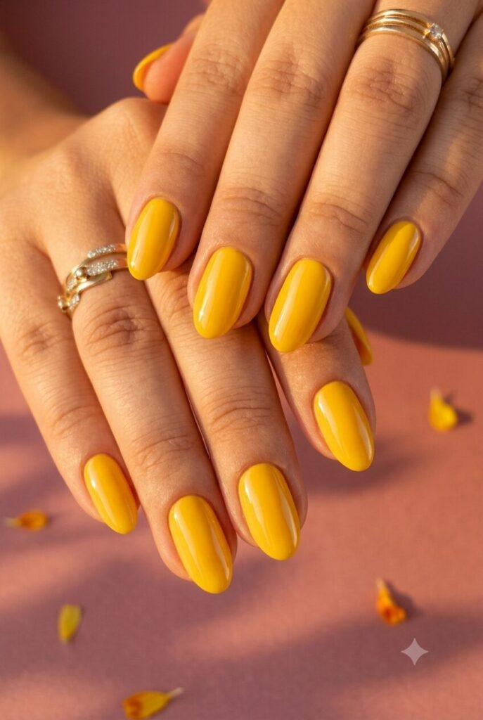 Short almond nails with glossy sunflower yellow late-summer polish