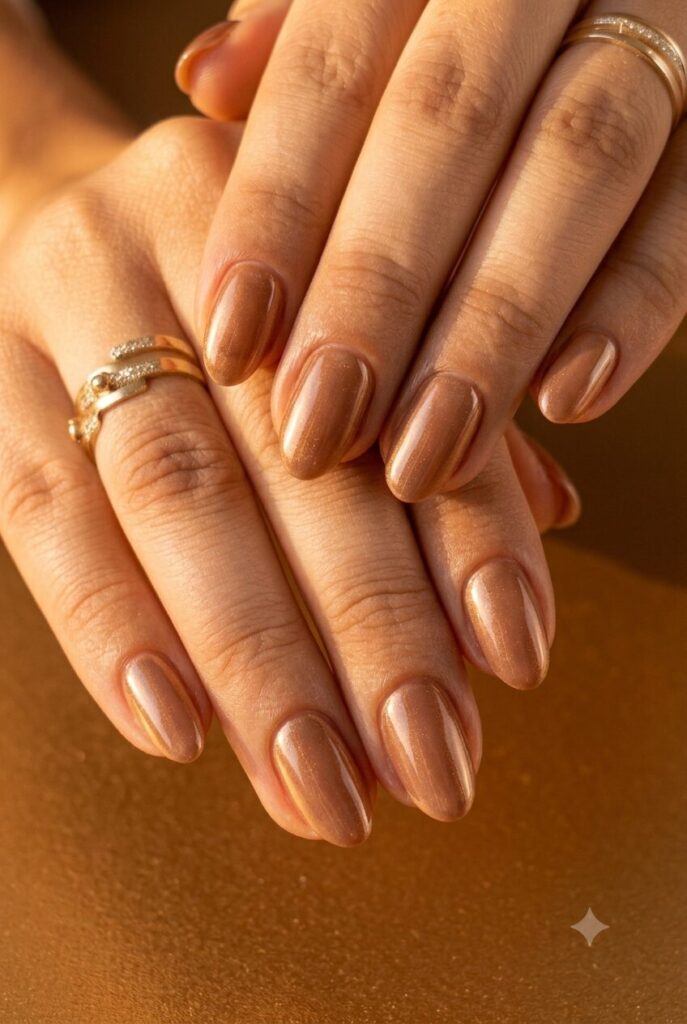 Short almond nails with glossy warm bronze shimmer polish