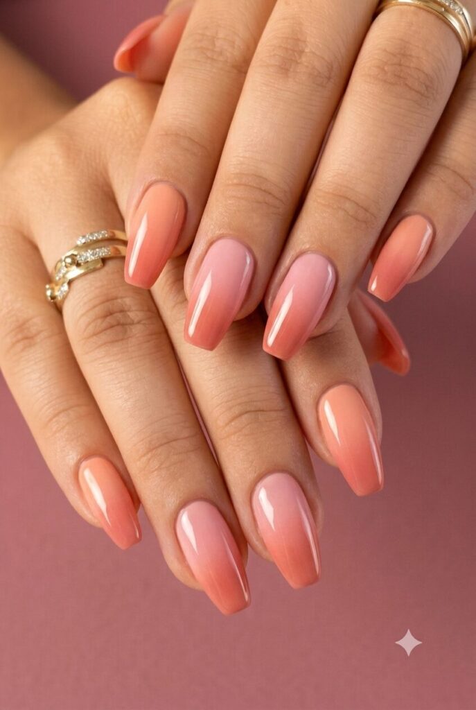 Coffin almond nails with peach coral and pink sunset ombre