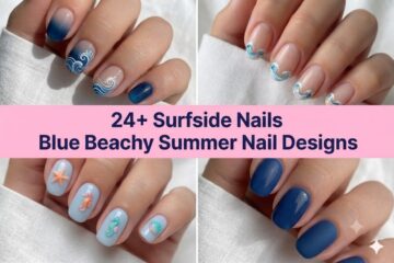 Collage of surfside nails for 2026 with blue beachy summer designs