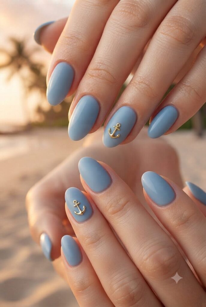 Short almond nails with blue base and tiny gold anchor accents