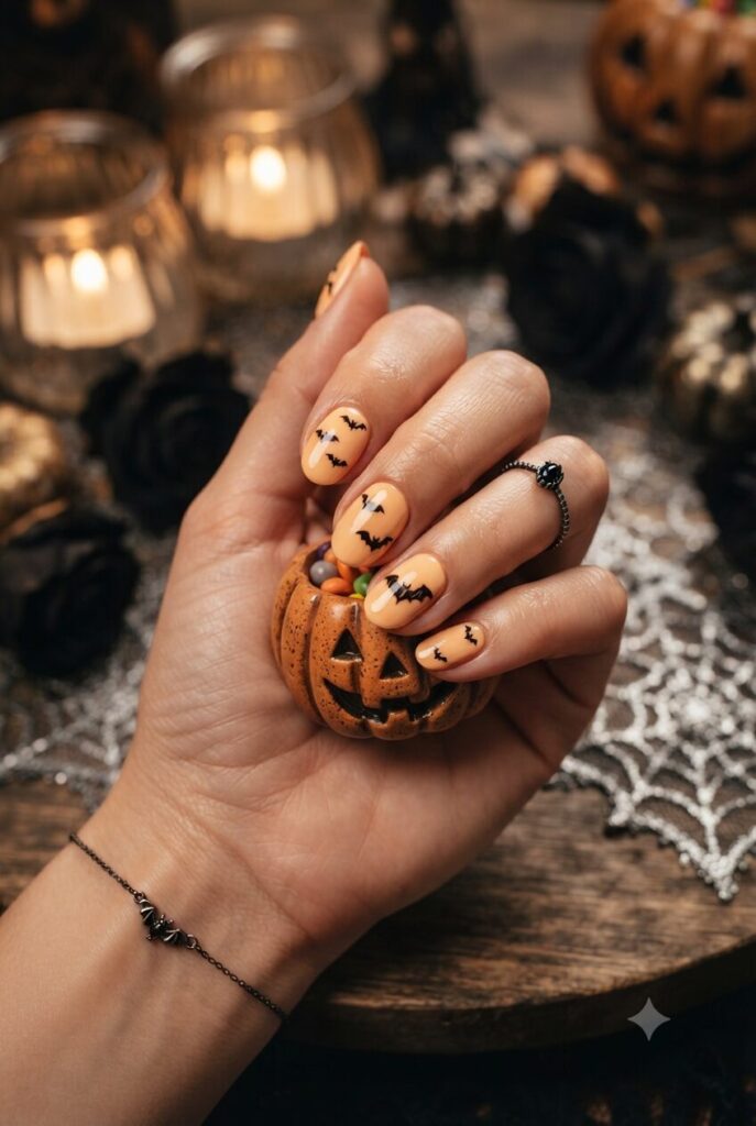 Short oval nails with soft orange base and tiny black bat accents
