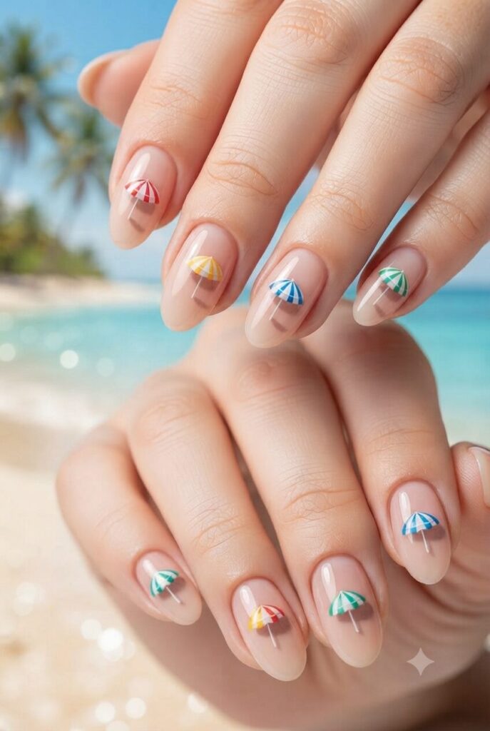 Short almond nails with nude base and tiny beach umbrella accents
