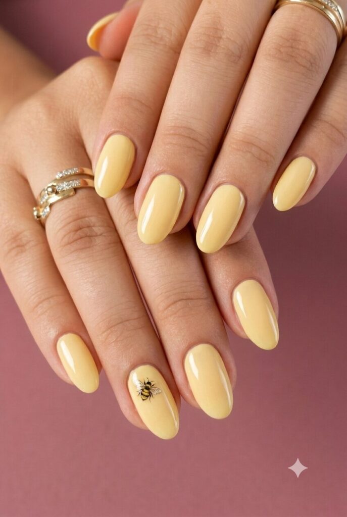 Short almond nails with soft yellow base and tiny bee accent